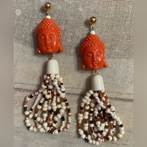 Buddha head earrings seed bead ivory orange red dangle bohemian zen long artisan